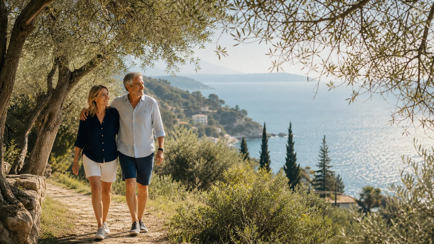 Middle-aged adults walking on a sunny coastal path among olive trees