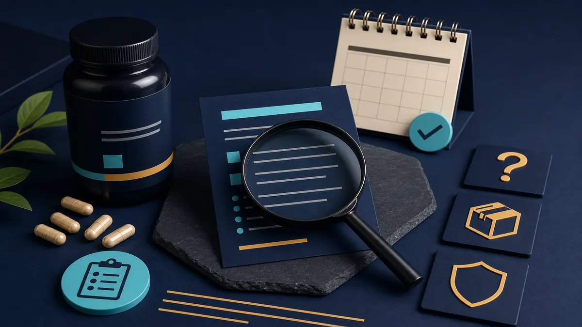 Editorial buying checklist with magnifying glass, calendar, question tiles and delivery icon