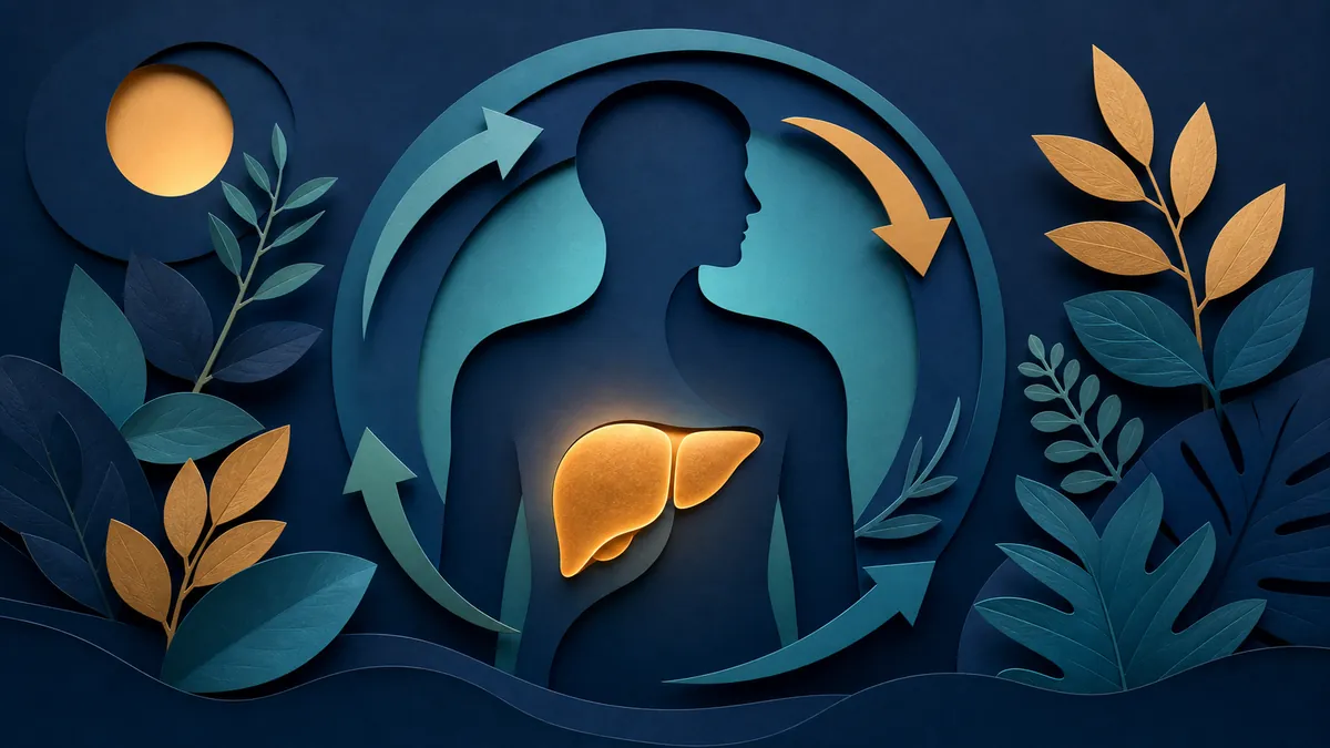 Abstract editorial illustration of a torso, liver-shaped form, botanicals, and circular routine arrows